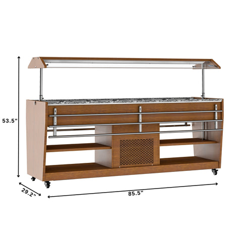 84 in. Buffet Salad Table, 5 Full-Size GN Pan Capacity, Adjustable Cover, Serving Rail, 4 Lockable Casters, Stainless Steel with Wood-Grain Finish