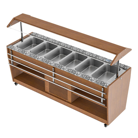 84 in. Buffet Salad Table, 5 Full-Size GN Pan Capacity, Adjustable Cover, Serving Rail, 4 Lockable Casters, Stainless Steel with Wood-Grain Finish