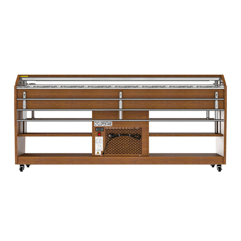 84 in. Buffet Salad Table, 5 Full-Size GN Pan Capacity, Adjustable Cover, Serving Rail, 4 Lockable Casters, Stainless Steel with Wood-Grain Finish