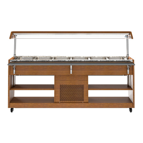 84 in. Buffet Salad Table, 5 Full-Size GN Pan Capacity, Adjustable Cover, Serving Rail, 4 Lockable Casters, Stainless Steel with Wood-Grain Finish