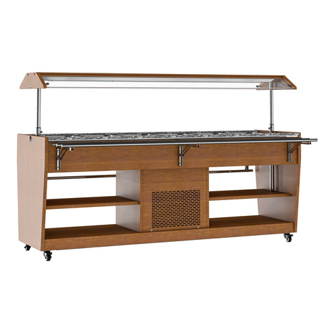 84 in. Buffet Salad Table, 5 Full-Size GN Pan Capacity, Adjustable Cover, Serving Rail, 4 Lockable Casters, Stainless Steel with Wood-Grain Finish