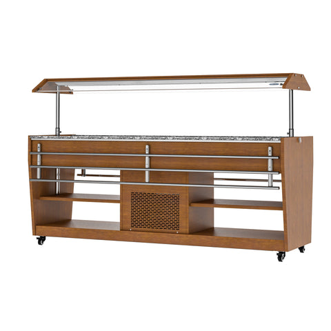 84 in. Buffet Salad Table, 5 Full-Size GN Pan Capacity, Adjustable Cover, Serving Rail, 4 Lockable Casters, Stainless Steel with Wood-Grain Finish