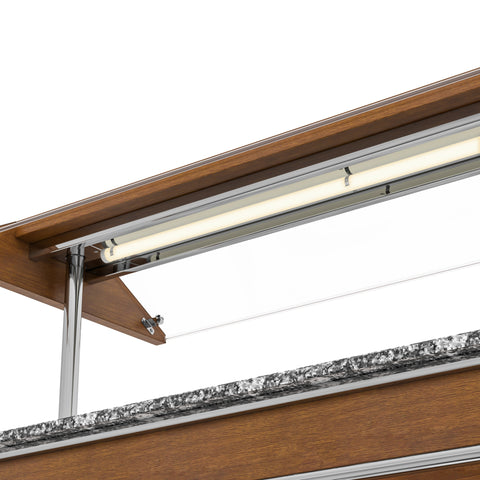 59 in. Refrigerated Buffet Table, 4 Full-Size GN Pan Capacity, Adjustable Cover, Serving Rail, 4 Lockable Casters, Stainless Steel with Wood-Grain Finish
