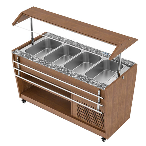 59 in. Refrigerated Buffet Table, 4 Full-Size GN Pan Capacity, Adjustable Cover, Serving Rail, 4 Lockable Casters, Stainless Steel with Wood-Grain Finish