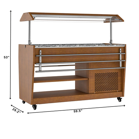 59 in. Refrigerated Buffet Table, 4 Full-Size GN Pan Capacity, Adjustable Cover, Serving Rail, 4 Lockable Casters, Stainless Steel with Wood-Grain Finish