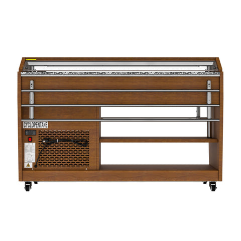 59 in. Refrigerated Buffet Table, 4 Full-Size GN Pan Capacity, Adjustable Cover, Serving Rail, 4 Lockable Casters, Stainless Steel with Wood-Grain Finish