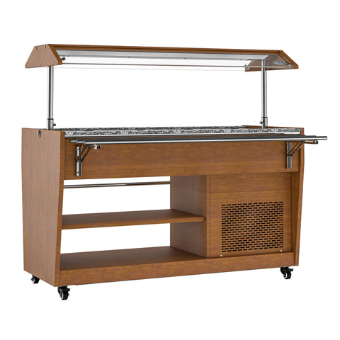 59 in. Refrigerated Buffet Table, 4 Full-Size GN Pan Capacity, Adjustable Cover, Serving Rail, 4 Lockable Casters, Stainless Steel with Wood-Grain Finish