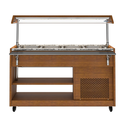 59 in. Refrigerated Buffet Table, 4 Full-Size GN Pan Capacity, Adjustable Cover, Serving Rail, 4 Lockable Casters, Stainless Steel with Wood-Grain Finish