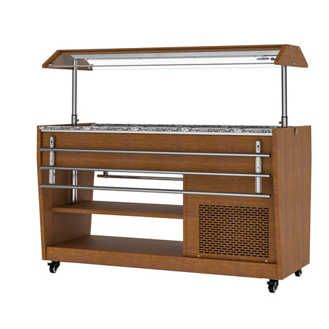59 in. Refrigerated Buffet Table, 4 Full-Size GN Pan Capacity, Adjustable Cover, Serving Rail, 4 Lockable Casters, Stainless Steel with Wood-Grain Finish