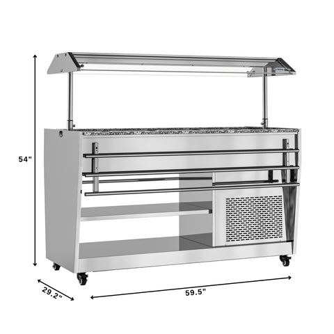 59 in. Refrigerated Buffet Table, 4 Full-Size GN Pan Capacity, Adjustable Cover, Serving Rail, 4 Lockable Casters, Stainless Steel