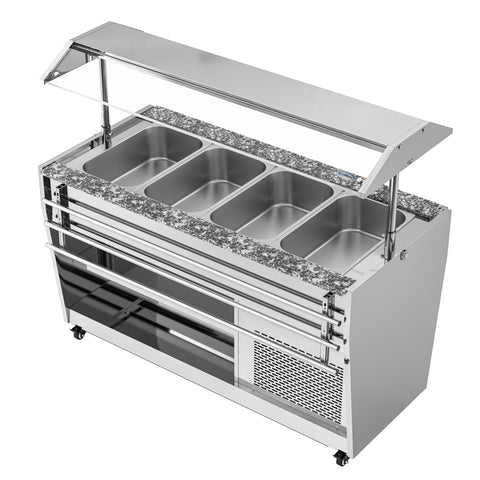 59 in. Refrigerated Buffet Table, 4 Full-Size GN Pan Capacity, Adjustable Cover, Serving Rail, 4 Lockable Casters, Stainless Steel