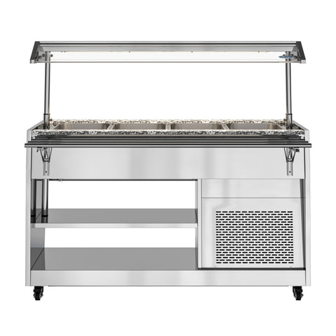 59 in. Refrigerated Buffet Table, 4 Full-Size GN Pan Capacity, Adjustable Cover, Serving Rail, 4 Lockable Casters, Stainless Steel