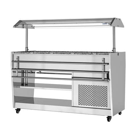 59 in. Refrigerated Buffet Table, 4 Full-Size GN Pan Capacity, Adjustable Cover, Serving Rail, 4 Lockable Casters, Stainless Steel