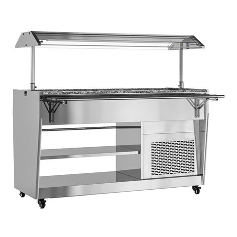 59 in. Refrigerated Buffet Table, 4 Full-Size GN Pan Capacity, Adjustable Cover, Serving Rail, 4 Lockable Casters, Stainless Steel