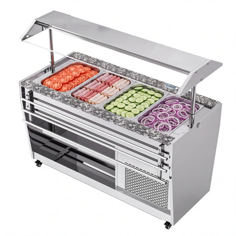 59 in. Refrigerated Buffet Table, 4 Full-Size GN Pan Capacity, Adjustable Cover, Serving Rail, 4 Lockable Casters, Stainless Steel