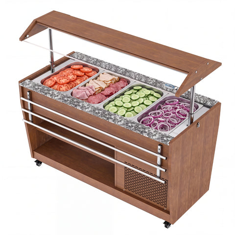 59 in. Refrigerated Buffet Table, 4 Full-Size GN Pan Capacity, Adjustable Cover, Serving Rail, 4 Lockable Casters, Stainless Steel with Wood-Grain Finish