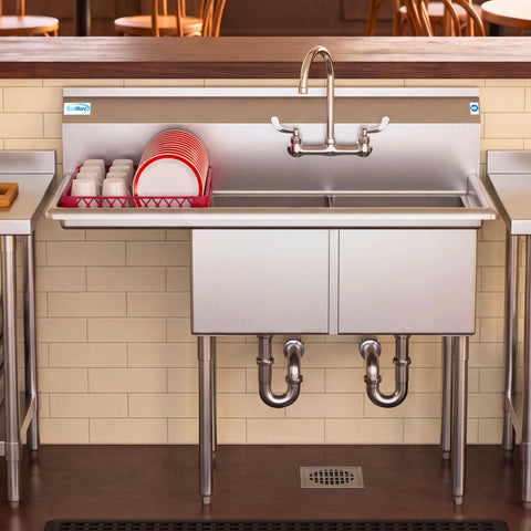 48 in. Two Compartment Stainless Steel Commercial Sink with 2 Drainboards, Bowl Size 15"x 15"x 12"