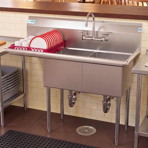48 in. Two Compartment Stainless Steel Commercial Sink with 2 Drainboards, Bowl Size 15"x 15"x 12"