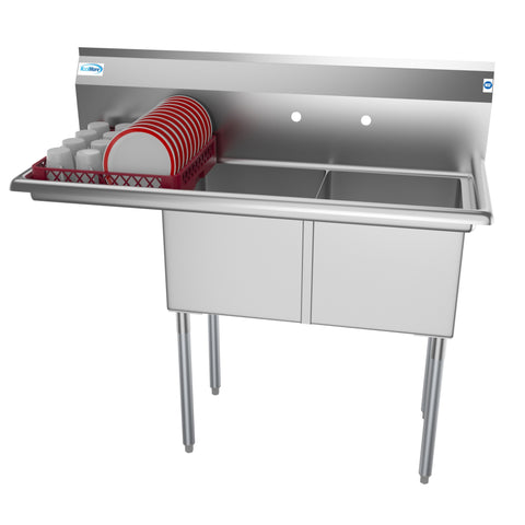 48 in. Two Compartment Stainless Steel Commercial Sink with 2 Drainboards, Bowl Size 15"x 15"x 12"