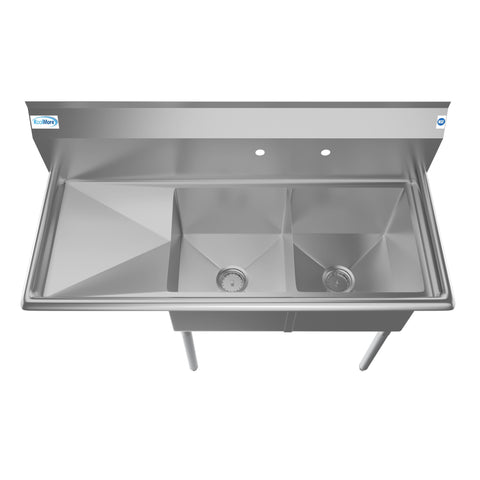 48 in. Two Compartment Stainless Steel Commercial Sink with 2 Drainboards, Bowl Size 15"x 15"x 12"