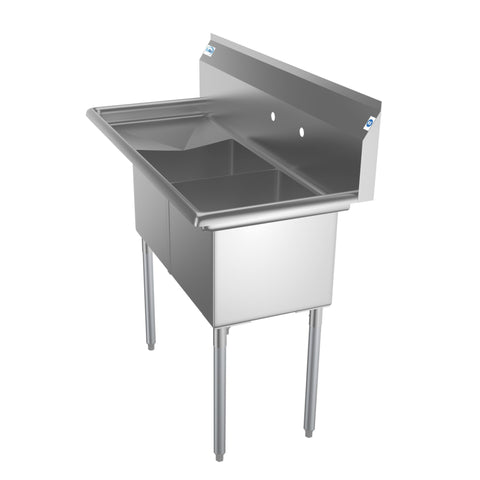 48 in. Two Compartment Stainless Steel Commercial Sink with 2 Drainboards, Bowl Size 15"x 15"x 12"