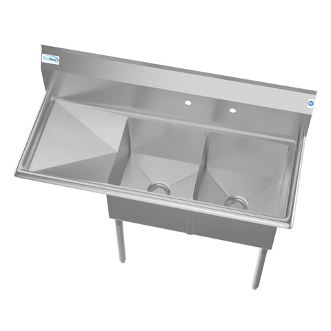 48 in. Two Compartment Stainless Steel Commercial Sink with 2 Drainboards, Bowl Size 15"x 15"x 12"