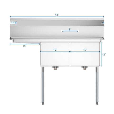 48 in. Two Compartment Stainless Steel Commercial Sink with 2 Drainboards, Bowl Size 15"x 15"x 12"