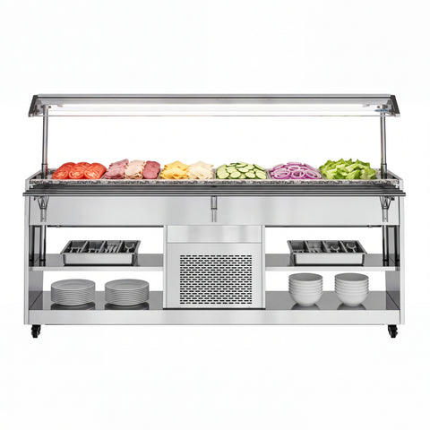 84 in. Refrigerated Buffet Table, 5 Full-Size GN Pan Capacity, Adjustable Cover, Serving Rail, 4 Lockable Casters, Stainless Steel