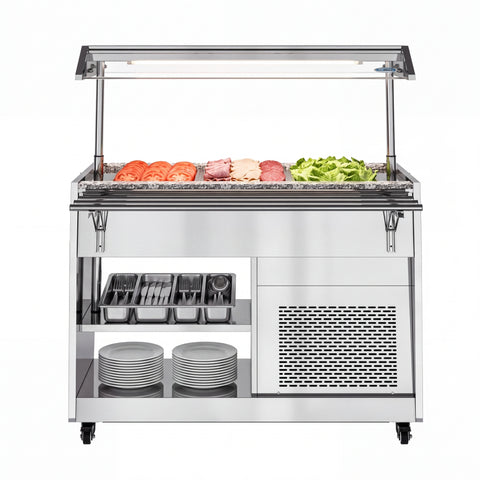 48 in. Refrigerated Buffet Table, 3 Full-Size GN Pan Capacity, Adjustable Cover, Serving Rail, 4 Lockable Casters, Stainless Steel