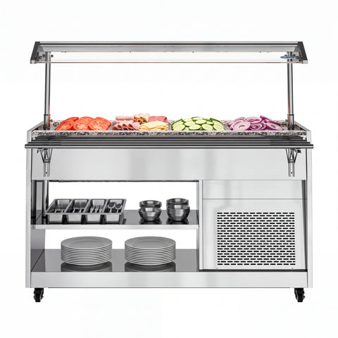 59 in. Refrigerated Buffet Table, 4 Full-Size GN Pan Capacity, Adjustable Cover, Serving Rail, 4 Lockable Casters, Stainless Steel