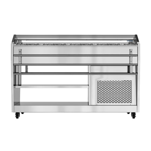 59 in. Refrigerated Buffet Table, 4 Full-Size GN Pan Capacity, Adjustable Cover, Serving Rail, 4 Lockable Casters, Stainless Steel