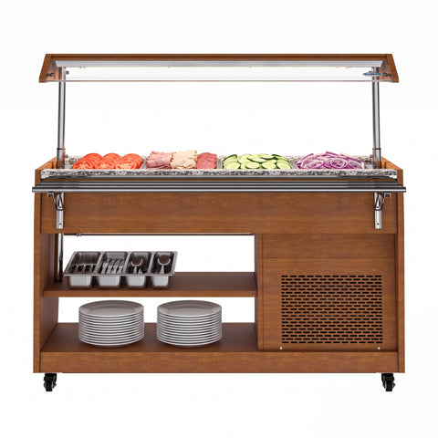59 in. Refrigerated Buffet Table, 4 Full-Size GN Pan Capacity, Adjustable Cover, Serving Rail, 4 Lockable Casters, Stainless Steel with Wood-Grain Finish