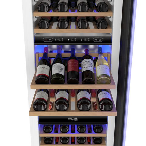 KoolMore Reserve 24 Inch. 100-Bottle Panel Ready Premium Column Wine Cooler Refrigerator with 14 Wooden Shelves, Carbon Filtration, Three Cooling Zones, ETL Listed