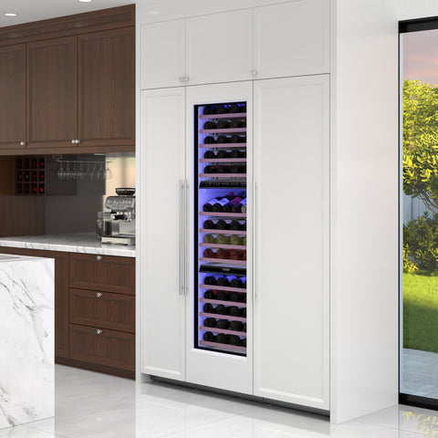 KoolMore Reserve 24 Inch. 100-Bottle Panel Ready Premium Column Wine Cooler Refrigerator with 14 Wooden Shelves, Carbon Filtration, Three Cooling Zones, ETL Listed