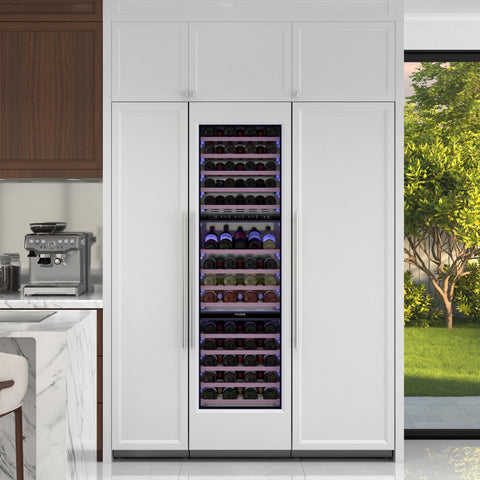 KoolMore Reserve 24 Inch. 100-Bottle Panel Ready Premium Column Wine Cooler Refrigerator with 14 Wooden Shelves, Carbon Filtration, Three Cooling Zones, ETL Listed