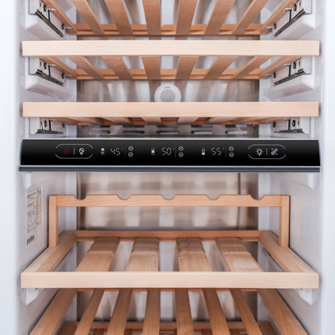 KoolMore Reserve 24 Inch. 100-Bottle Panel Ready Premium Column Wine Cooler Refrigerator with 14 Wooden Shelves, Carbon Filtration, Three Cooling Zones, ETL Listed