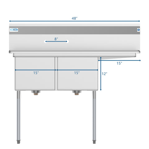 48 in. Two Compartment Stainless Steel Commercial Sink with Drainboard, Bowl Size 15"x 15"x 12"