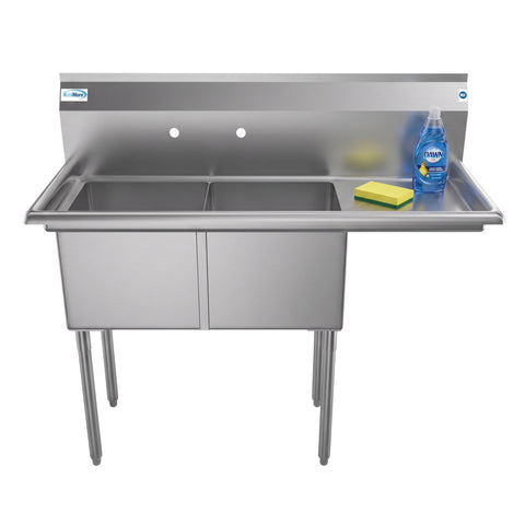 48 in. Two Compartment Stainless Steel Commercial Sink with Drainboard, Bowl Size 15"x 15"x 12"