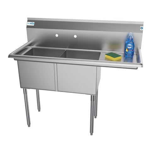 48 in. Two Compartment Stainless Steel Commercial Sink with Drainboard, Bowl Size 15"x 15"x 12"