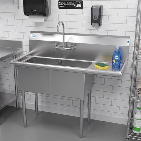 48 in. Two Compartment Stainless Steel Commercial Sink with Drainboard, Bowl Size 15"x 15"x 12"