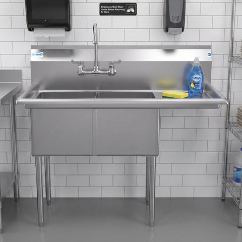 48 in. Two Compartment Stainless Steel Commercial Sink with Drainboard, Bowl Size 15"x 15"x 12"