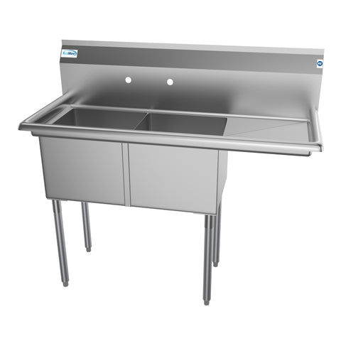 48 in. Two Compartment Stainless Steel Commercial Sink with Drainboard, Bowl Size 15"x 15"x 12"