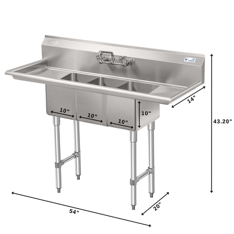 54 in. Three Compartment Stainless Steel Commercial Sink with Faucet and Drainboards, Bowl Size 10"x 10"x 14" SC101410-12B3FA .