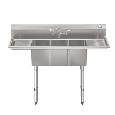 54 in. Three Compartment Stainless Steel Commercial Sink with Faucet and Drainboards, Bowl Size 10"x 10"x 14" SC101410-12B3FA .