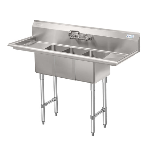 54 in. Three Compartment Stainless Steel Commercial Sink with Faucet and Drainboards, Bowl Size 10"x 10"x 14" SC101410-12B3FA .