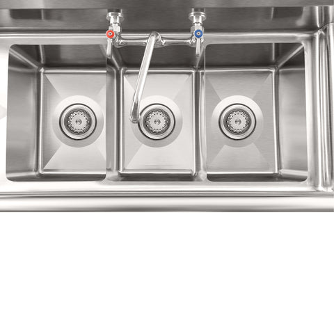 54 in. Three Compartment Stainless Steel Commercial Sink with Faucet and Drainboards, Bowl Size 10"x 10"x 14" SC101410-12B3FA .