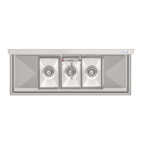 54 in. Three Compartment Stainless Steel Commercial Sink with Faucet and Drainboards, Bowl Size 10"x 10"x 14" SC101410-12B3FA .
