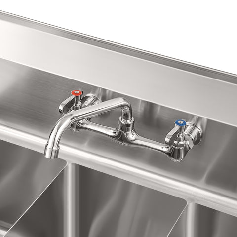 54 in. Three Compartment Stainless Steel Commercial Sink with Faucet and Drainboards, Bowl Size 10"x 10"x 14" SC101410-12B3FA .