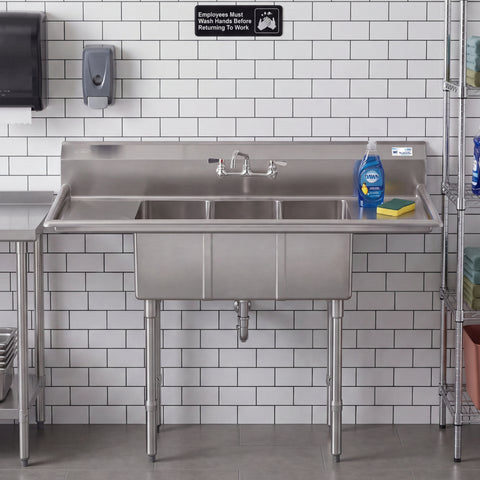 54 in. Three Compartment Stainless Steel Commercial Sink with Faucet and Drainboards, Bowl Size 10"x 10"x 14" SC101410-12B3FA .