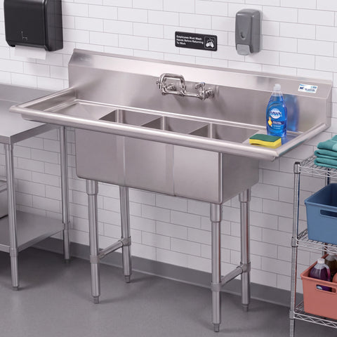 54 in. Three Compartment Stainless Steel Commercial Sink with Faucet and Drainboards, Bowl Size 10"x 10"x 14" SC101410-12B3FA .
